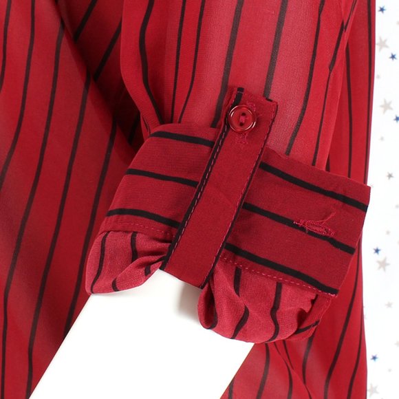 3/4 Sleeve Sheer Stripe Blouse Top Burgundy - Picture 5 of 7